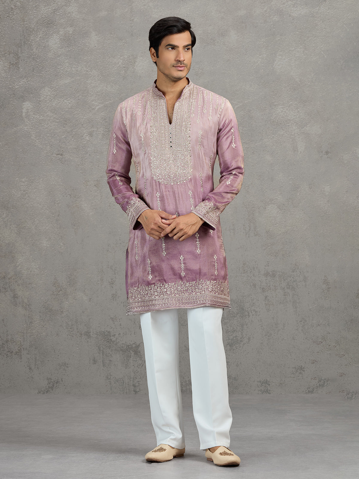 Lilac purple shaded tissue embroidered festive kurta suit