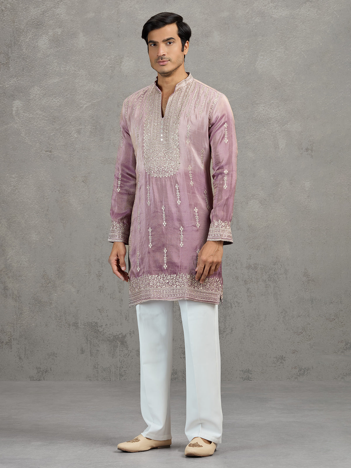 Lilac purple shaded tissue embroidered festive kurta suit