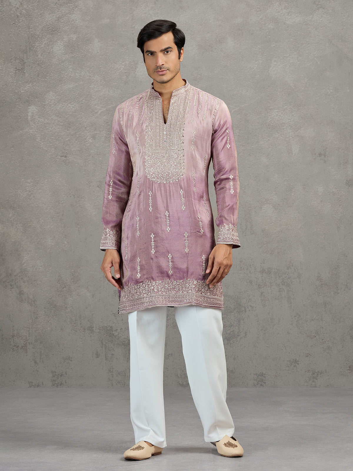 Lilac purple shaded tissue embroidered festive kurta suit