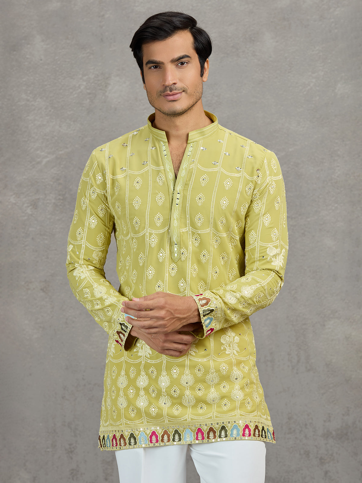 Pista green short silk embroidered festive kurta suit