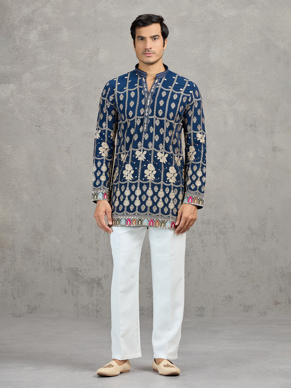 Navy blue short silk embroidered festive kurta suit