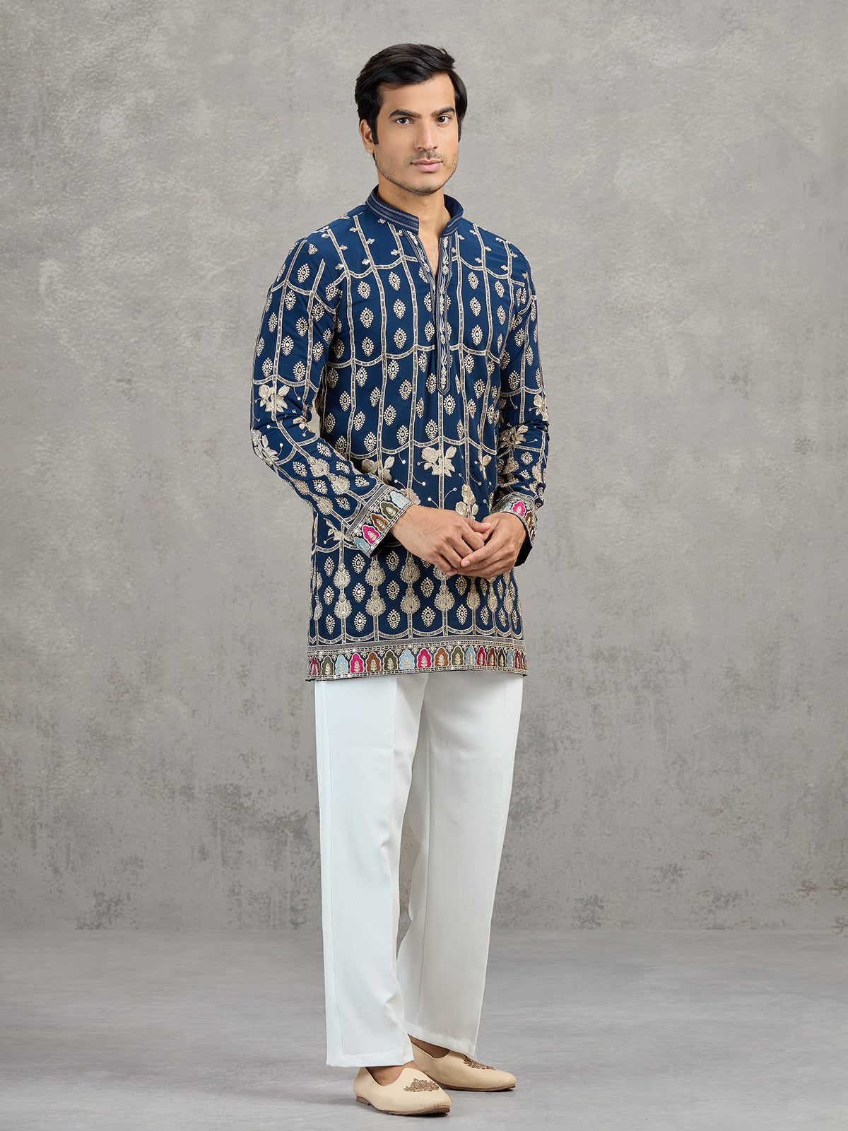 Navy blue short silk embroidered festive kurta suit