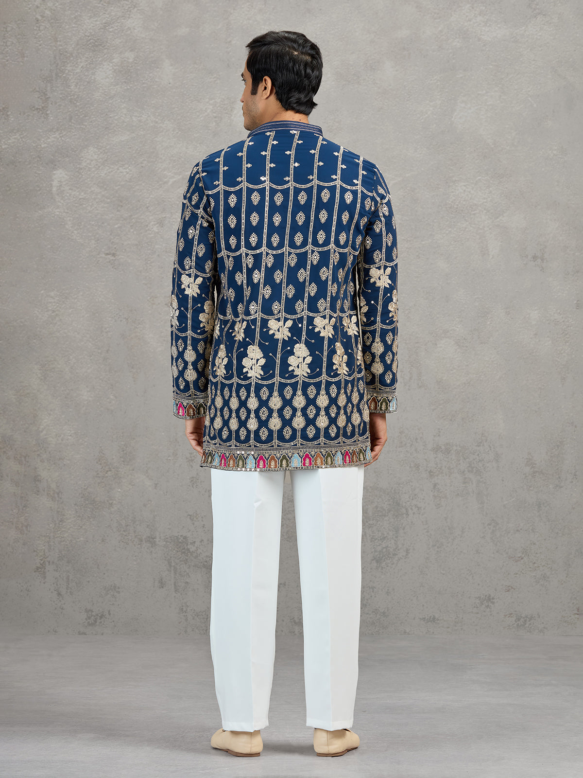 Navy blue short silk embroidered festive kurta suit