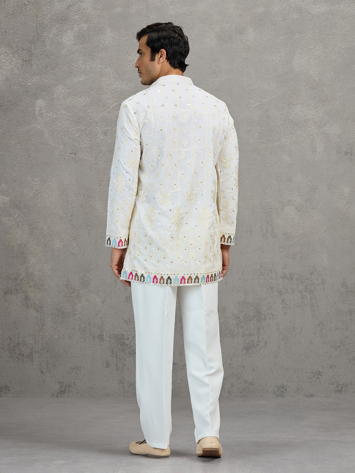 Cream short silk embroidered festive kurta suit