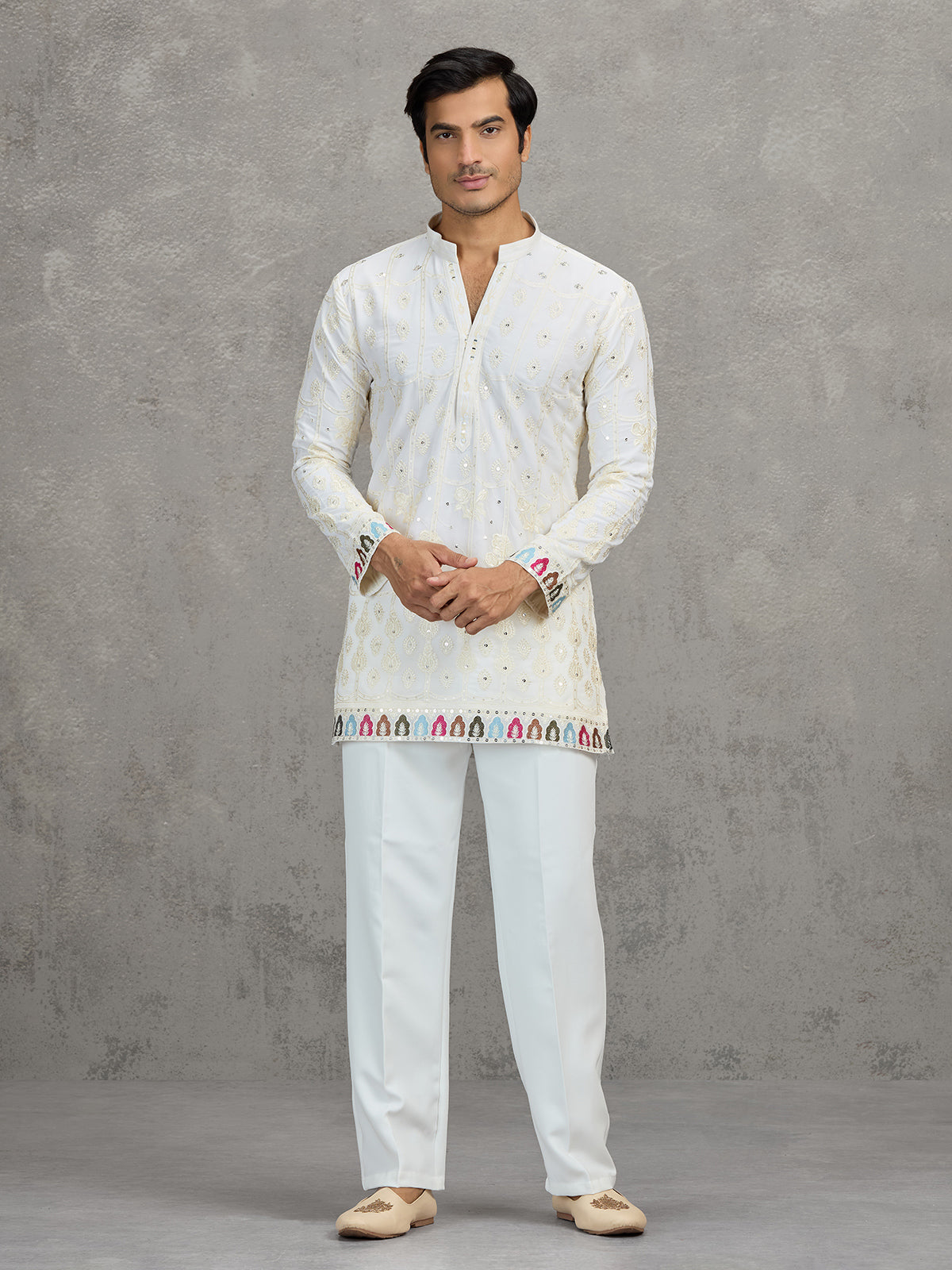 Cream short silk embroidered festive kurta suit