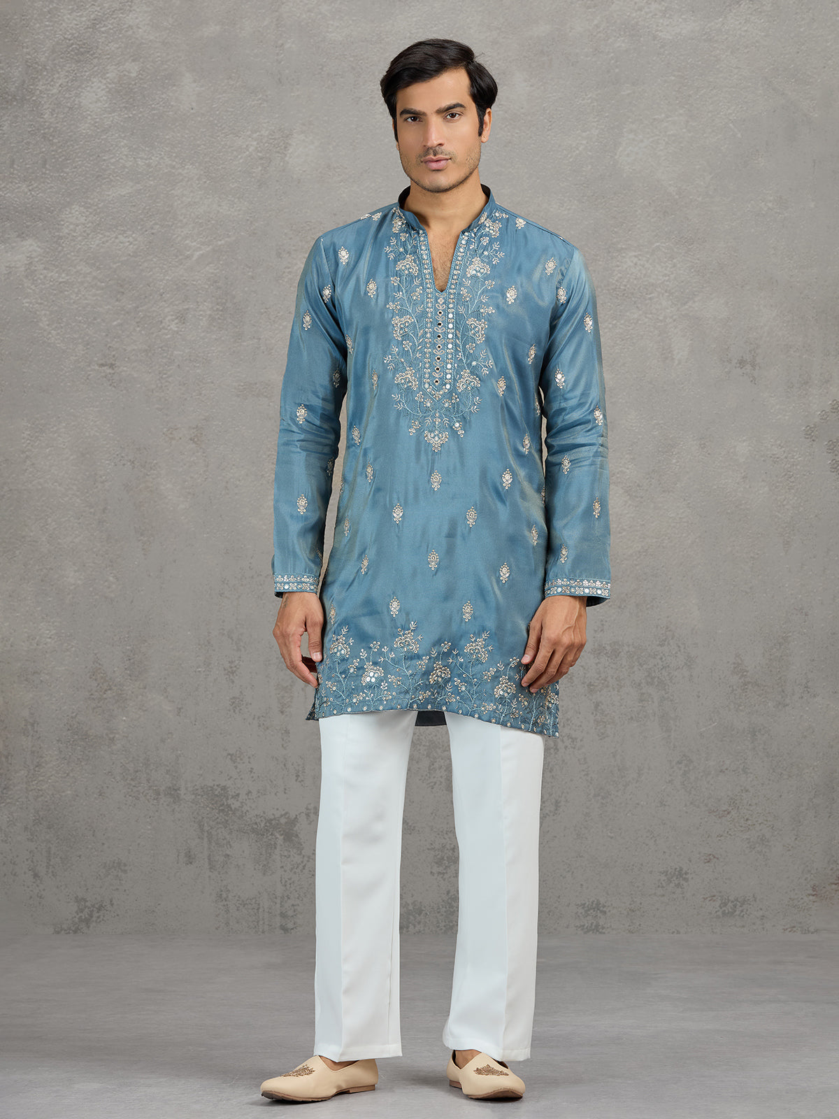 Pastel stone grey tissue embroidered festive kurta suit