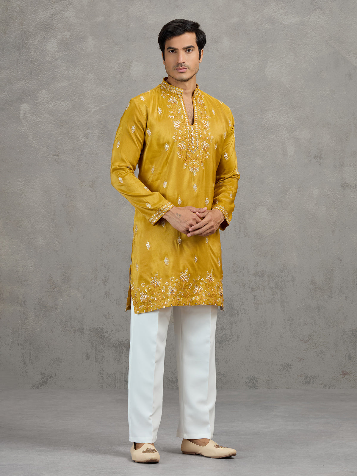 Mustard yellow tissue embroidered festive kurta suit