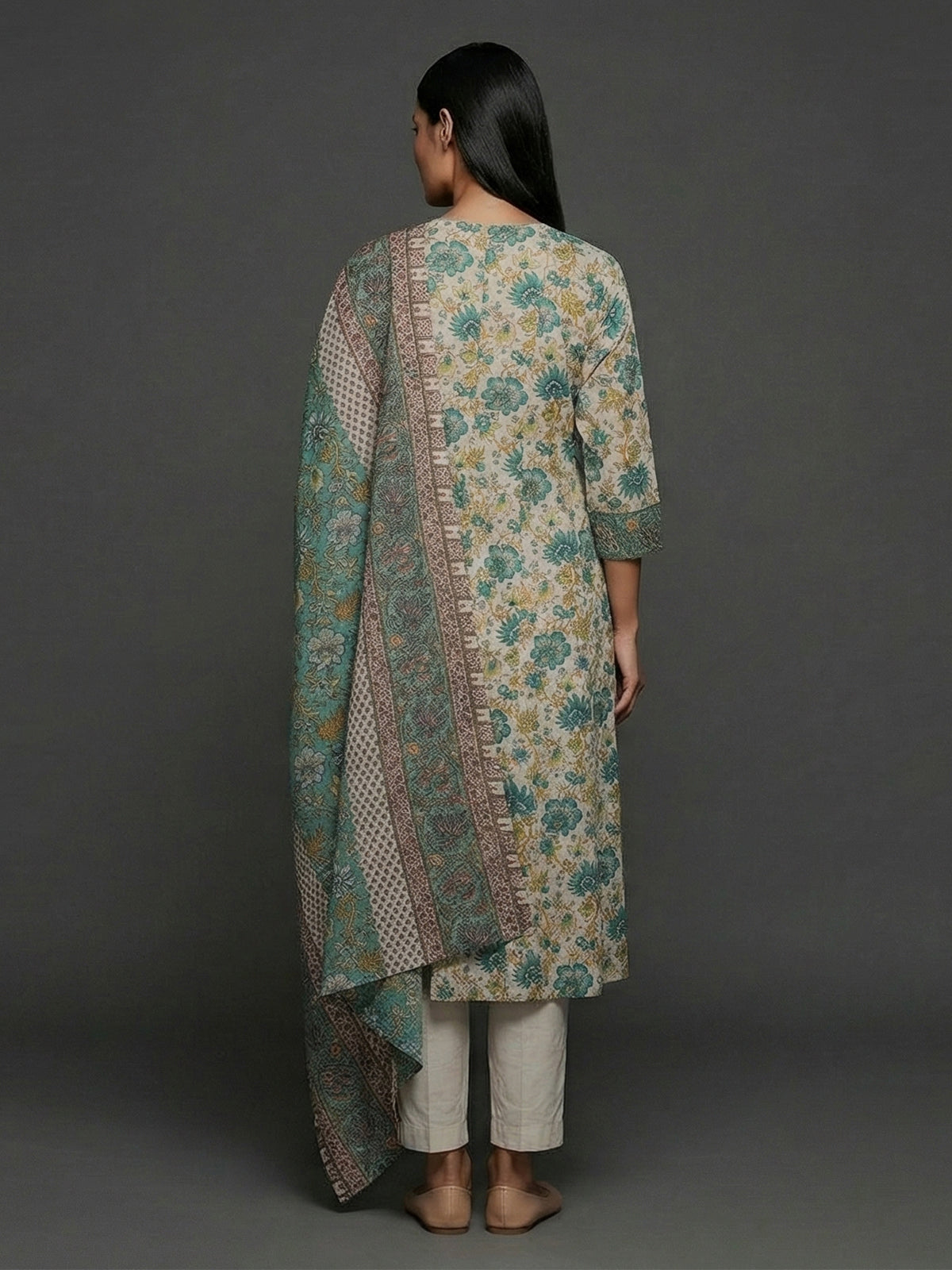 Blue off white cotton silk yoke style festive kurti set