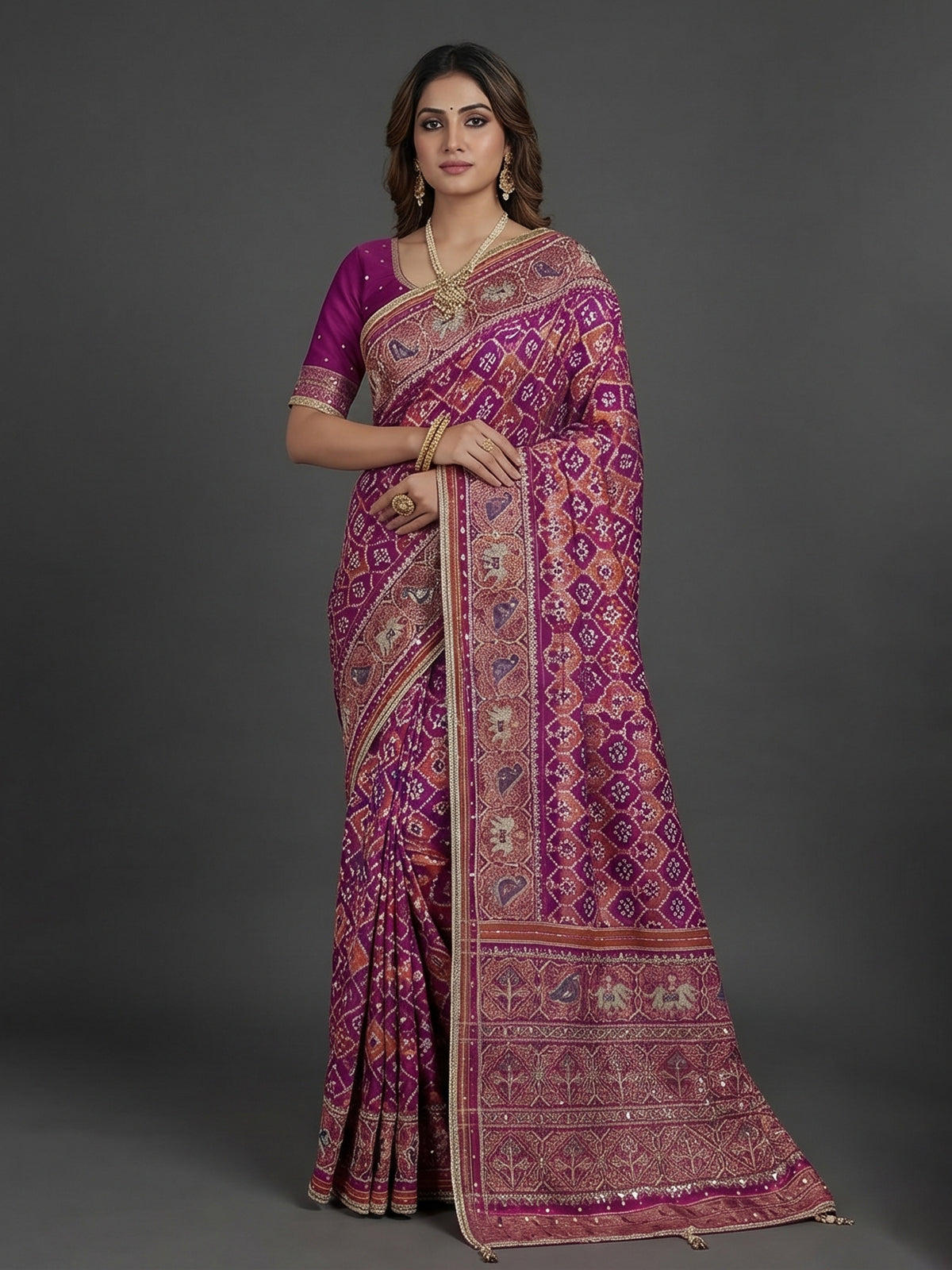 Regal purple art patola silk saree with ornate embellishments