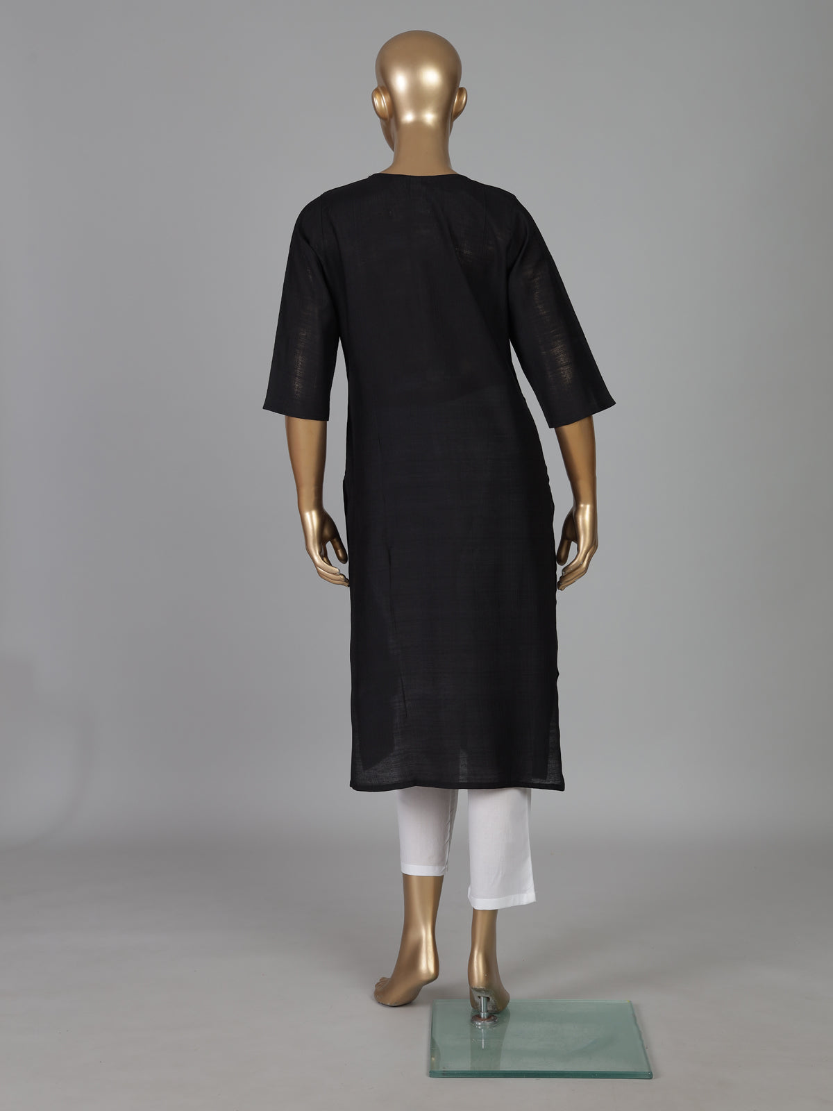 Black cotton silk embroidered work straight cut kurti