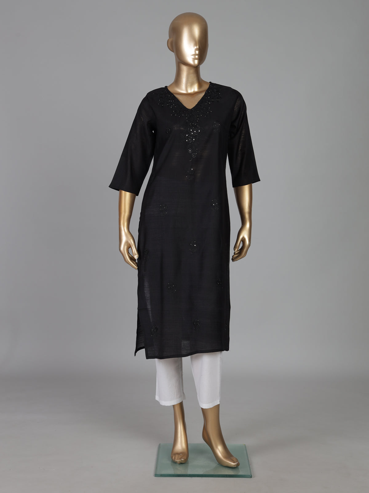 Black cotton silk embroidered work straight cut kurti