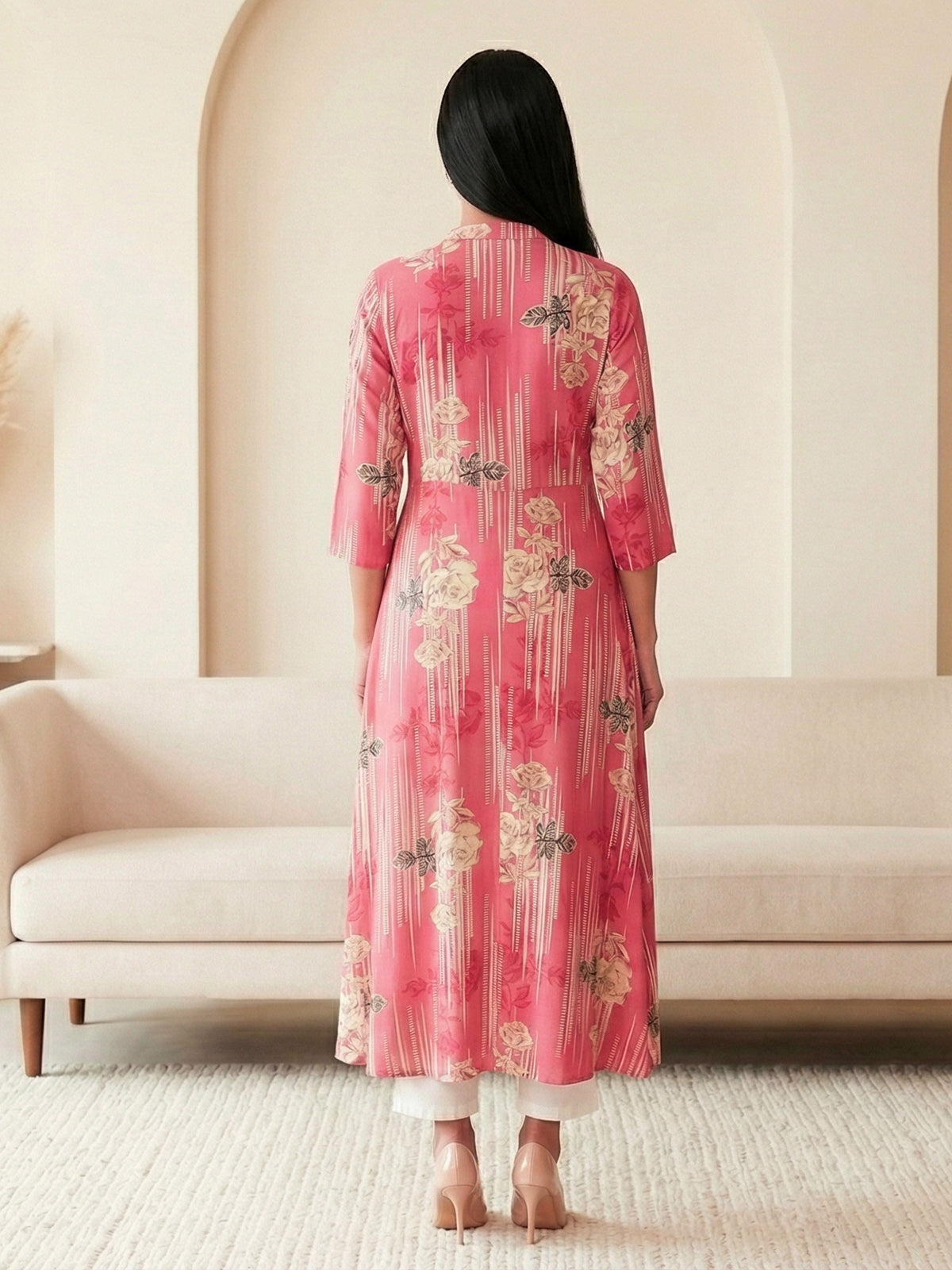 Pink silk floral printed casual wear kurti design