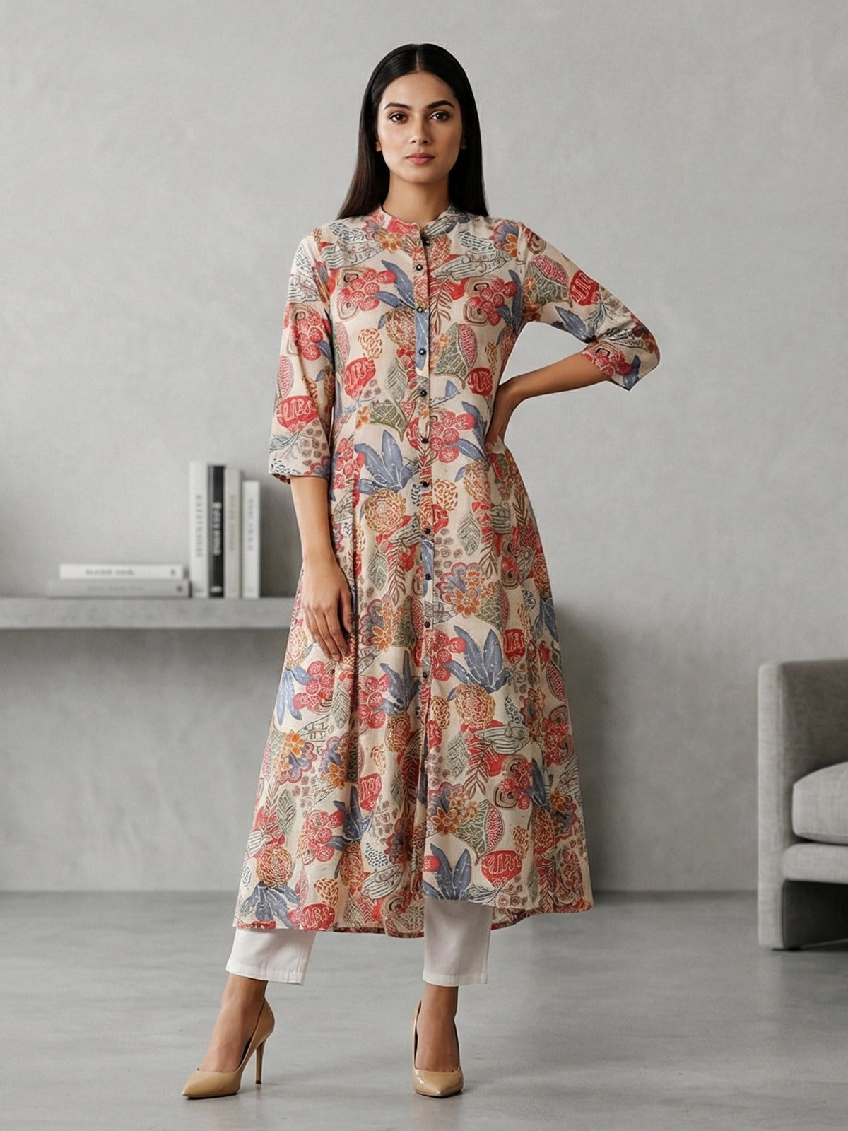 Off white silk floral printed casual kurti style