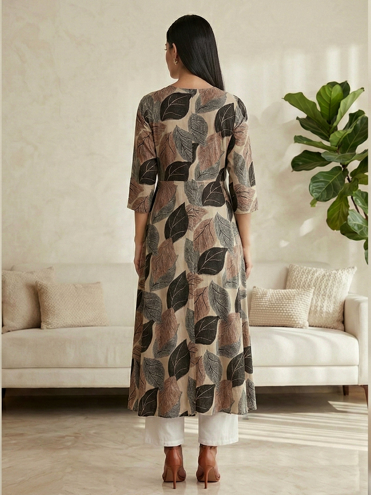 Beige silk printed casual stand collar kurti design