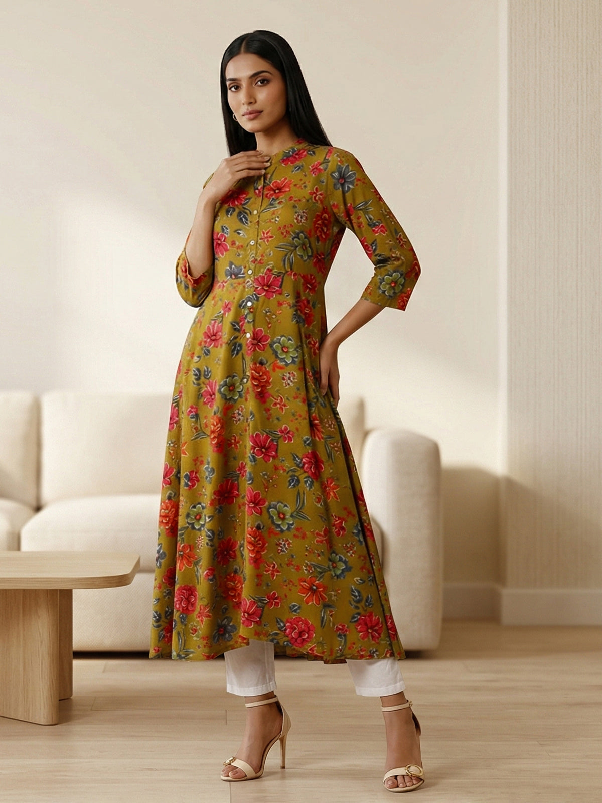 Mehendi olive silk floral printed casual kurti style