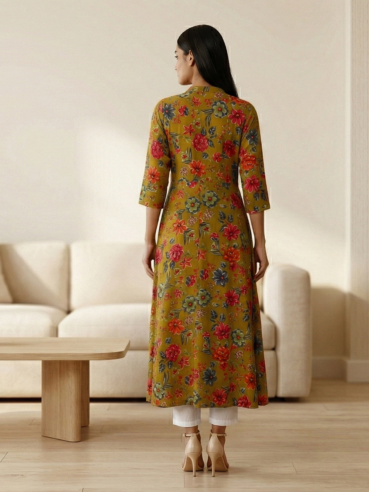 Mehendi olive silk floral printed casual kurti style