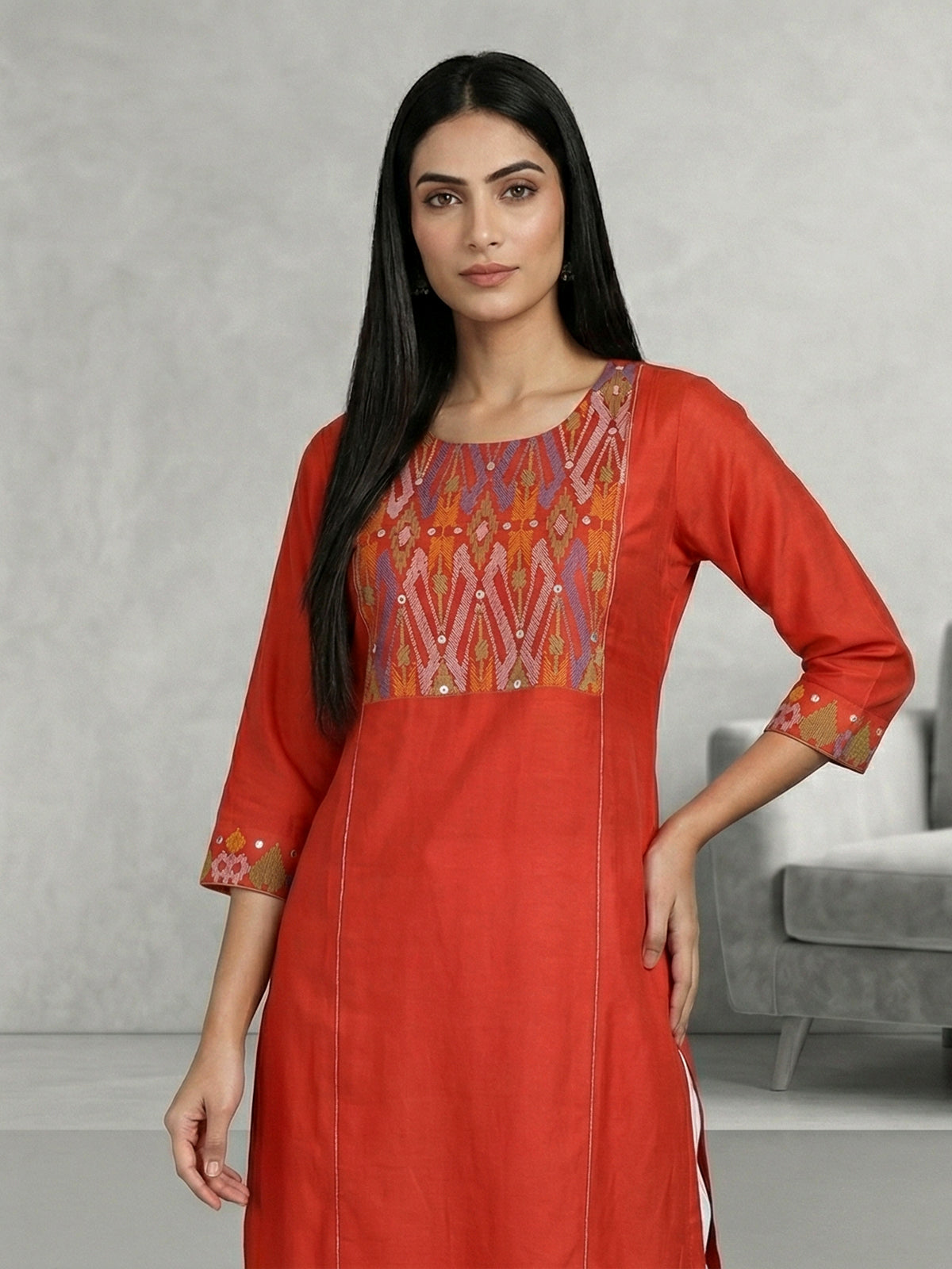 Orange cotton silk aabla thread yoke style kurti