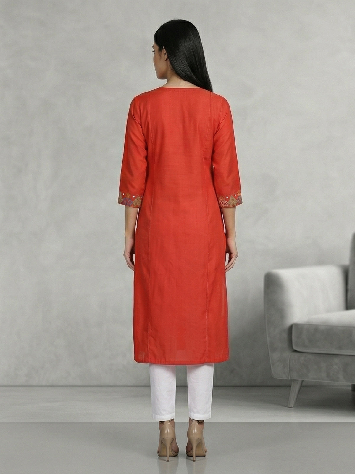 Orange cotton silk aabla thread yoke style kurti
