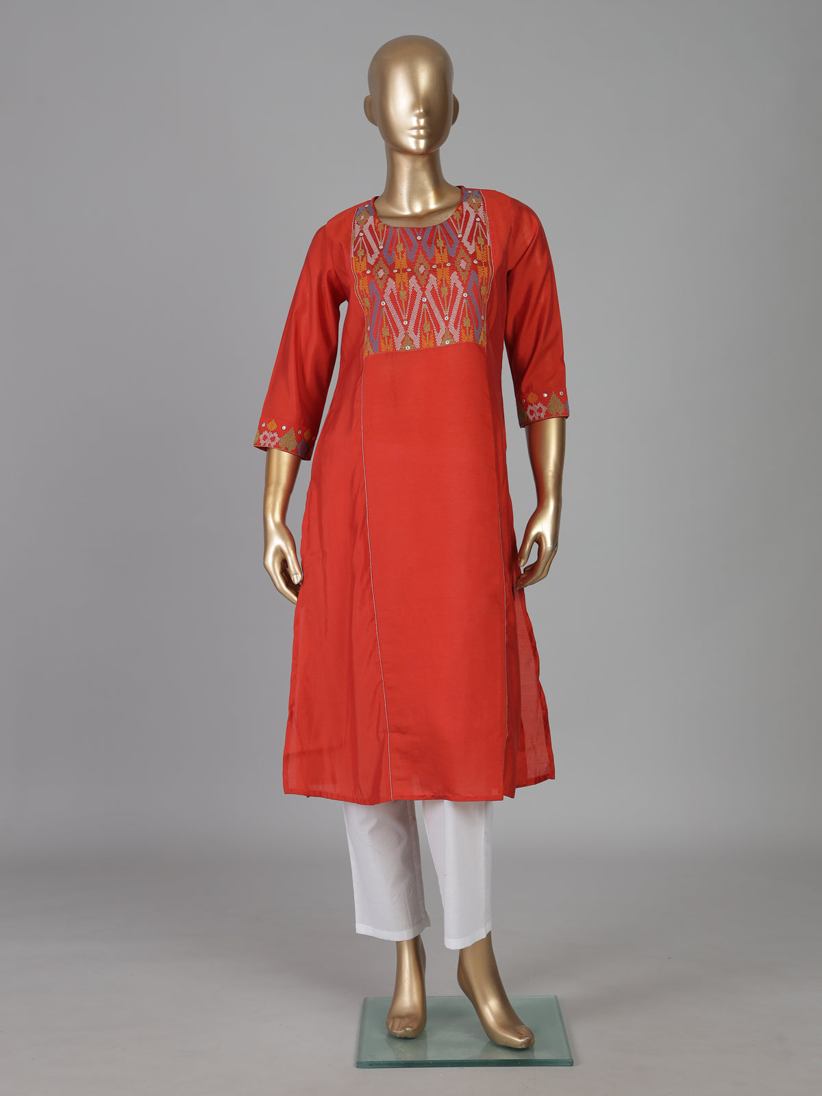 Orange cotton silk aabla thread yoke style kurti