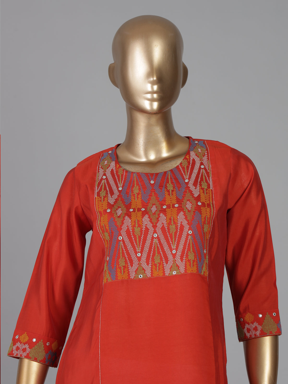 Orange cotton silk aabla thread yoke style kurti