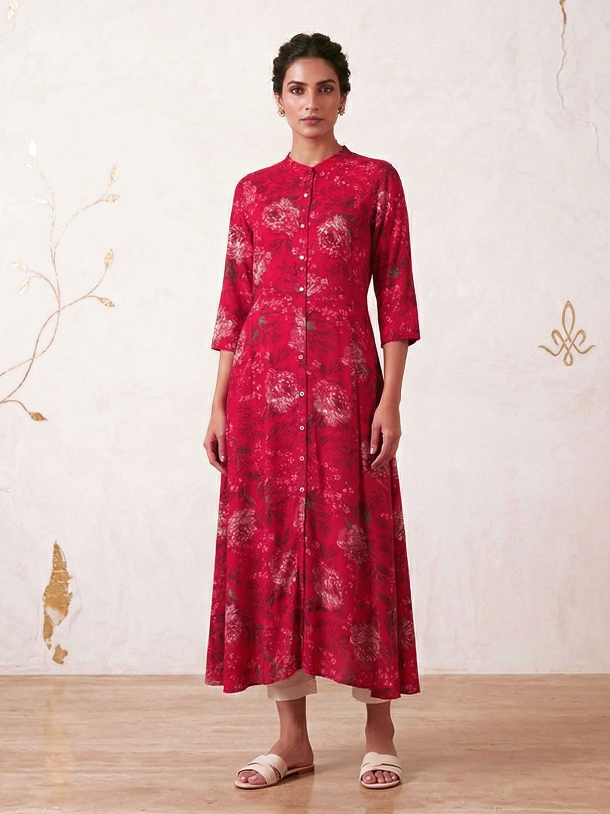 Magenta floral printed cotton silk a line kurti