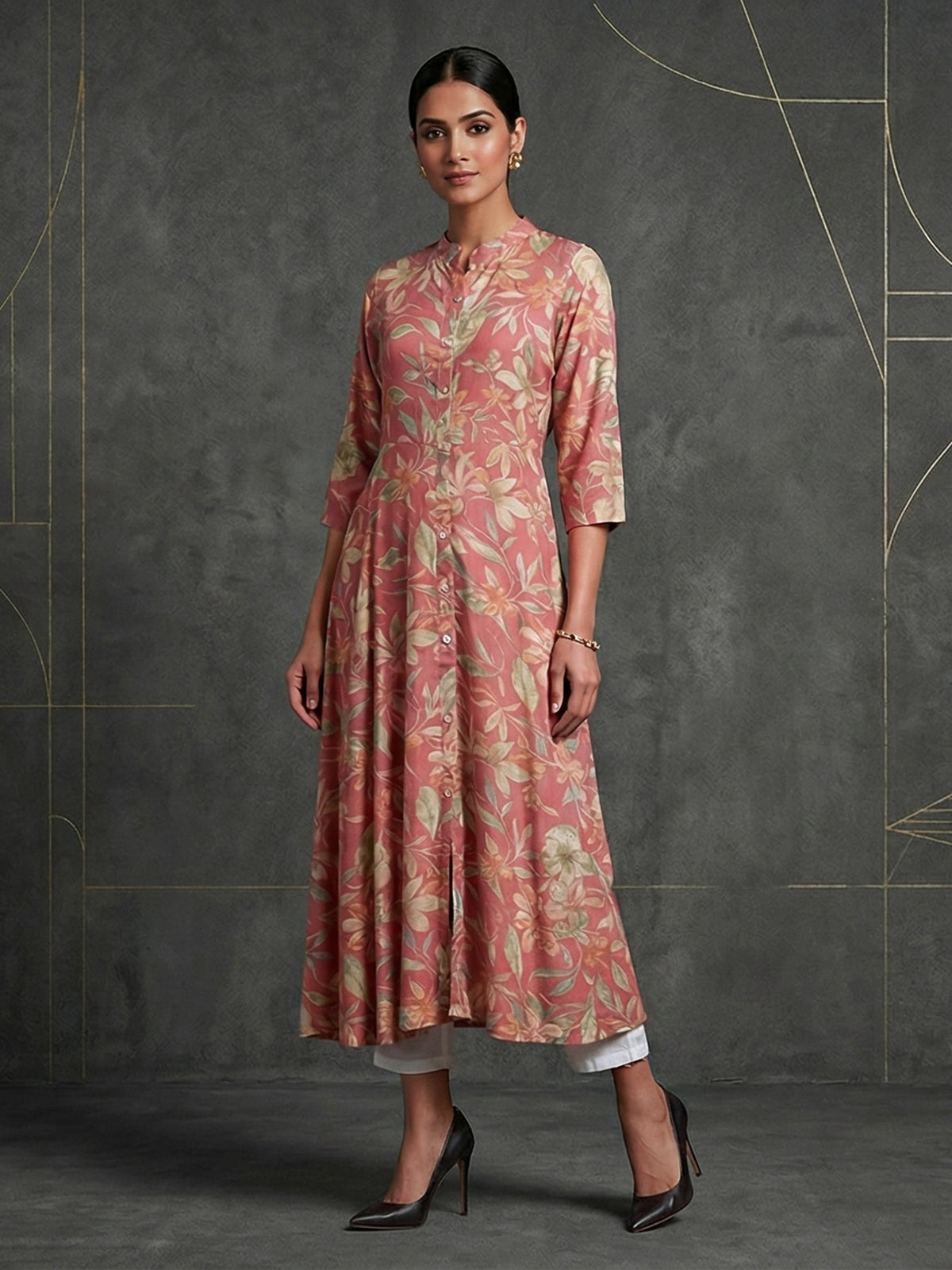 Onion pink floral printed cotton silk a line kurti