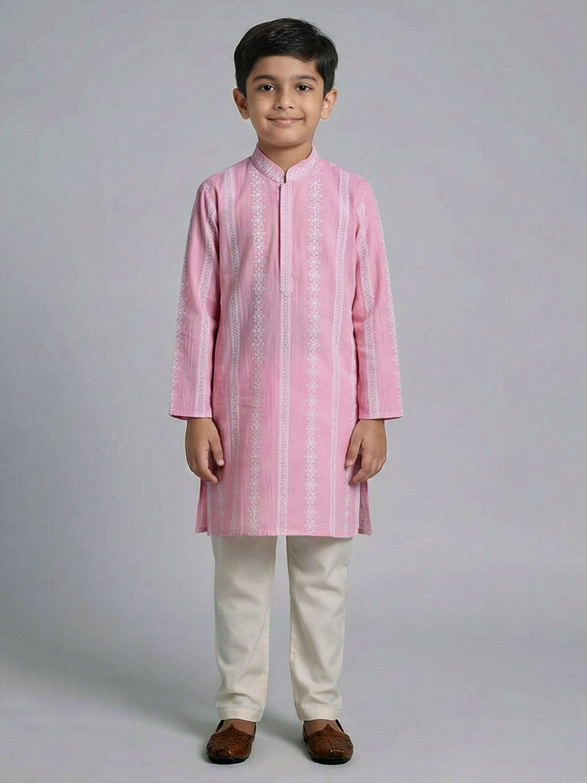 Pink silk embroidered mandarin collar festive kurta suit