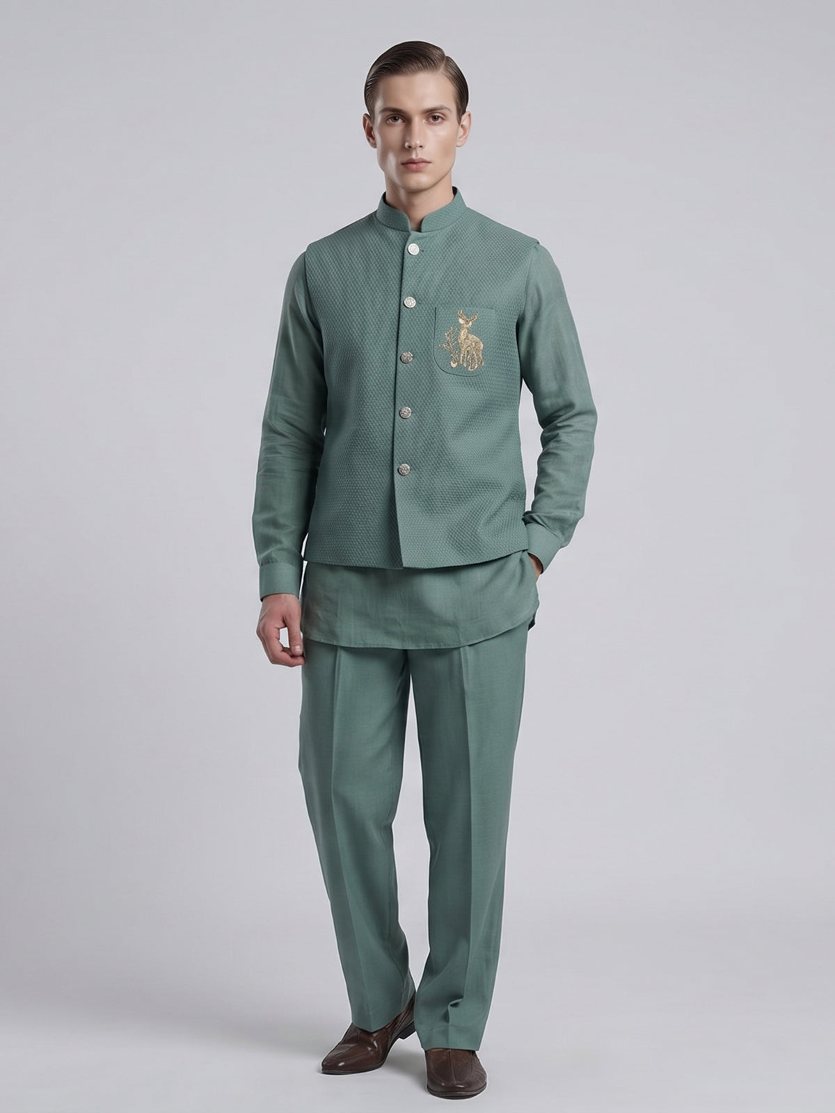 Sage green designer waistcoat set with deer motif