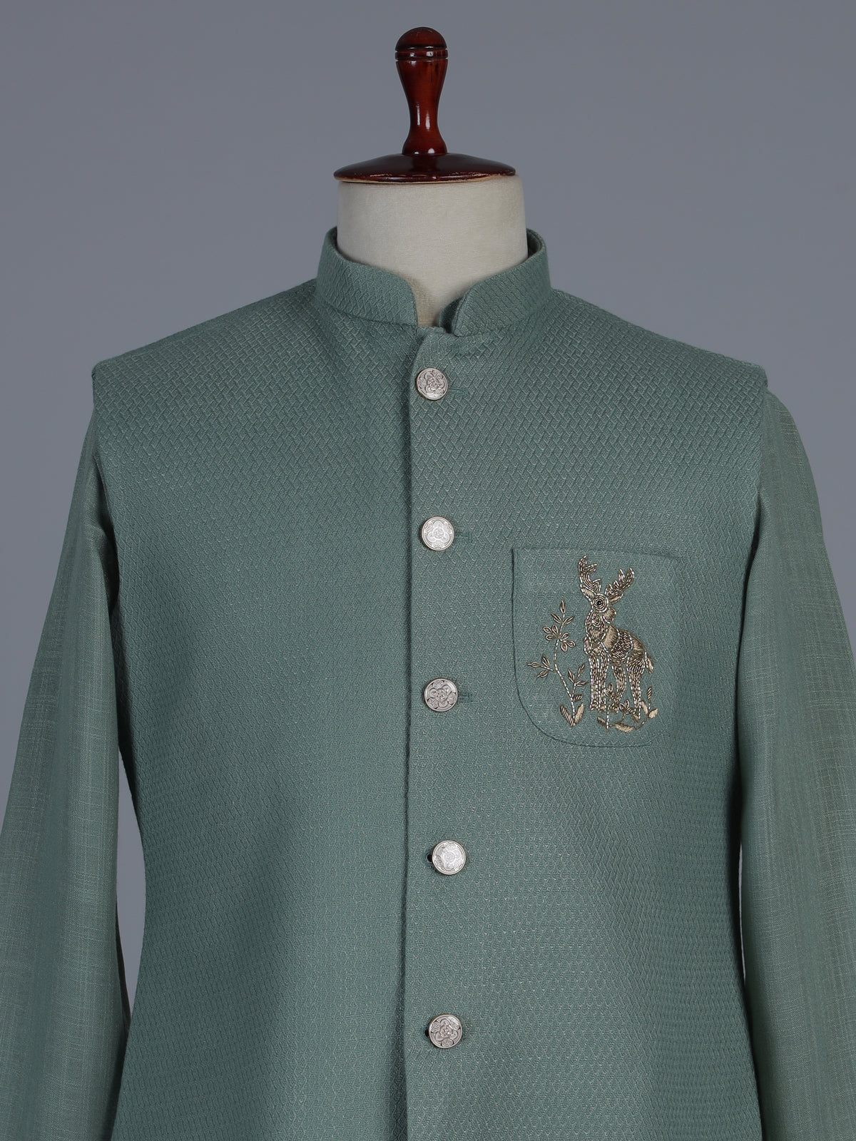 Sage green designer waistcoat set with deer motif