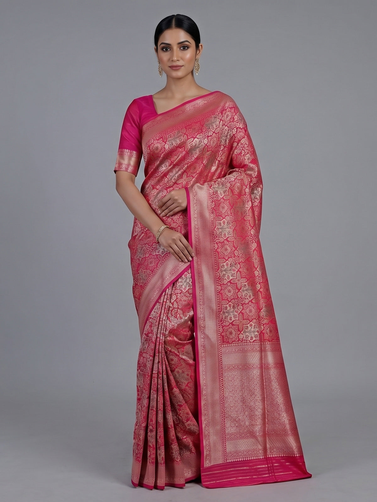 Rani pink banarasi silk saree with heavy zari border
