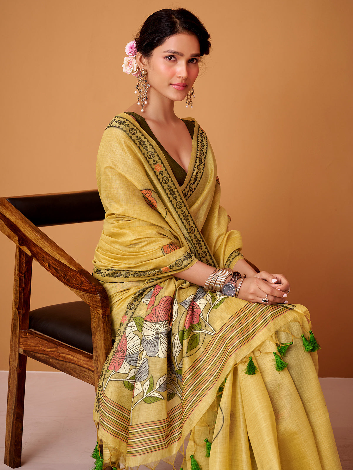 Yellow floral jamdani cotton festive saree