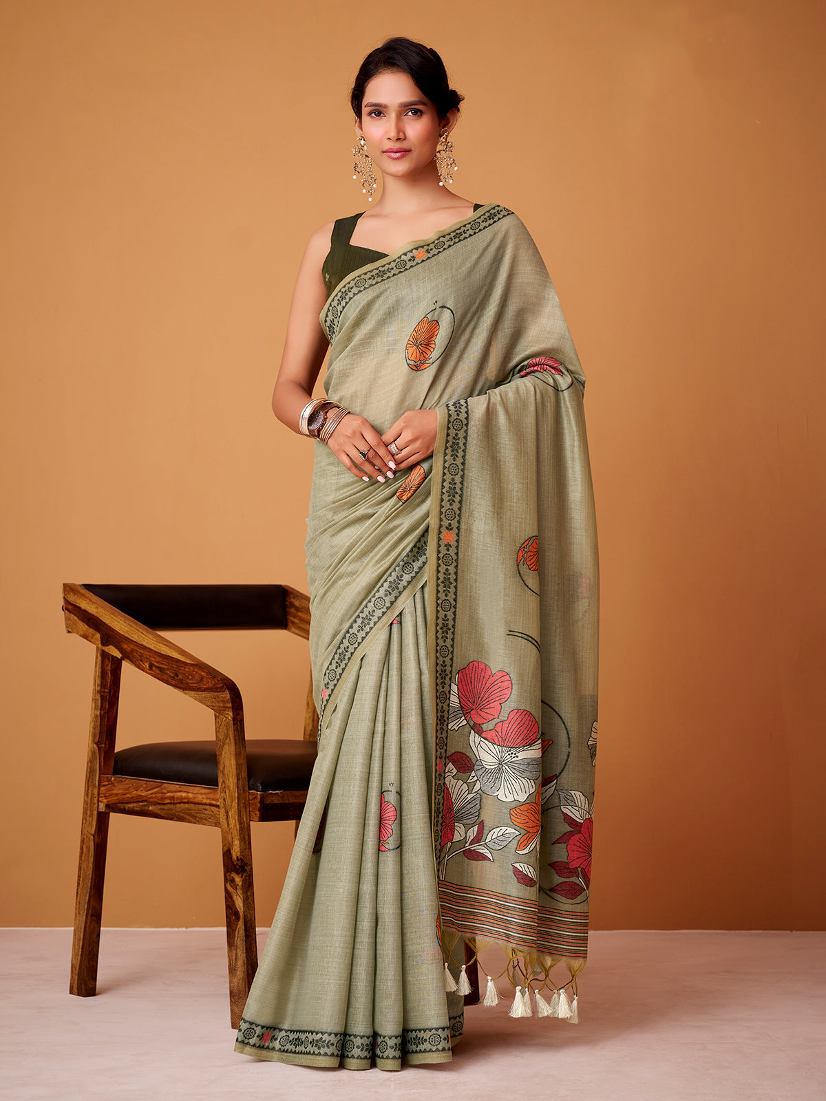 Sage green floral jamdani cotton festive saree