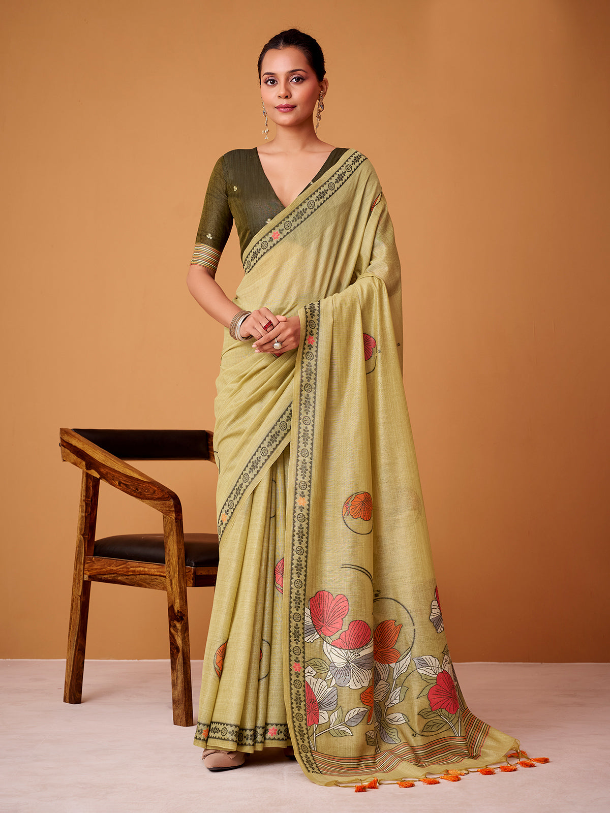 Mehendi yellow floral jamdani cotton festive saree