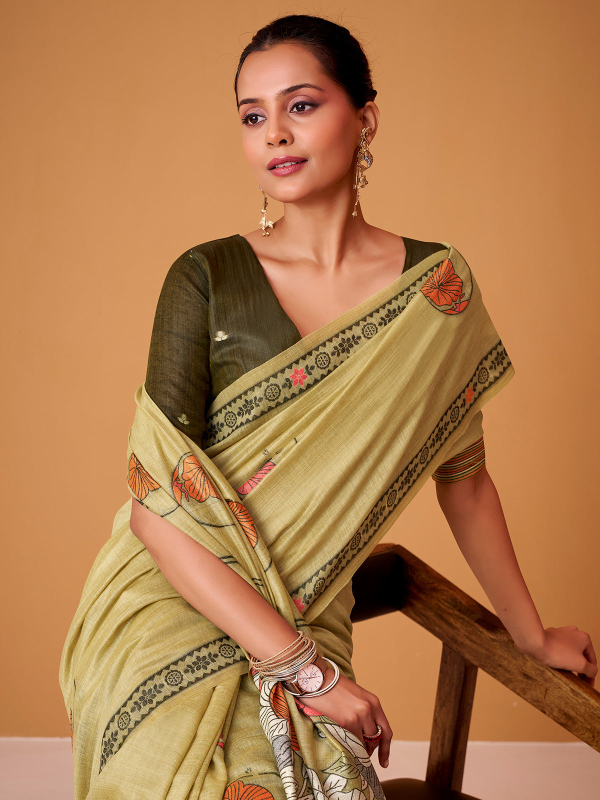 Mehendi yellow floral jamdani cotton festive saree