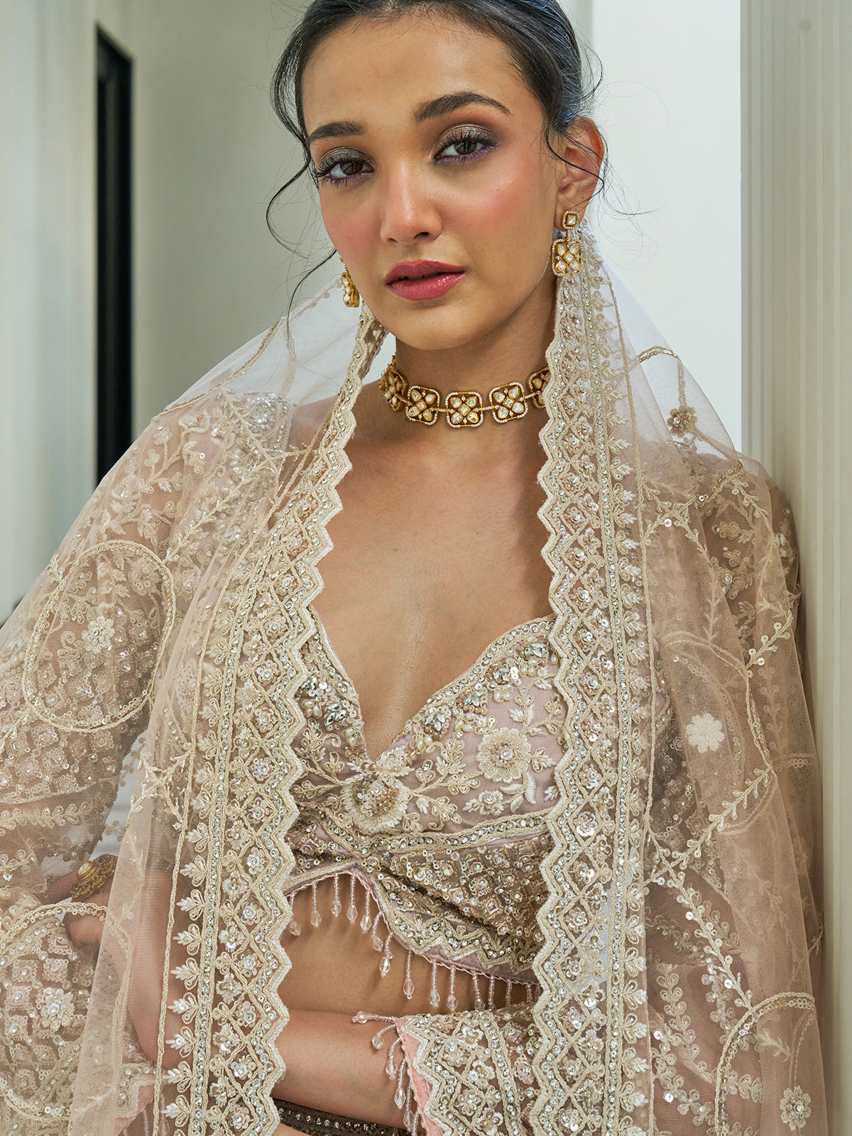 Beige net embroidered bridal lehenga choli for engangement