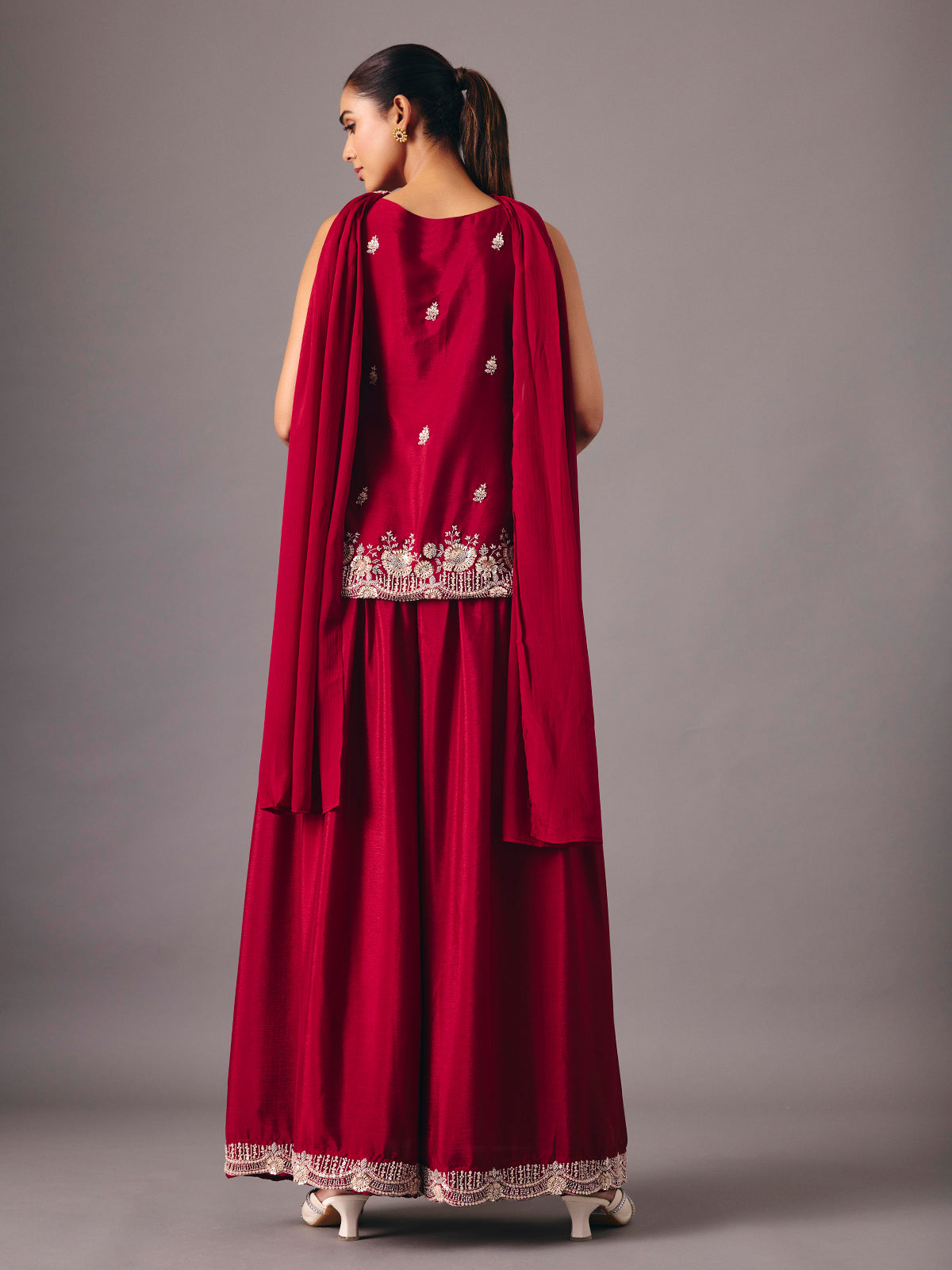 Maroon silk palazzo suit with rich festive detailing