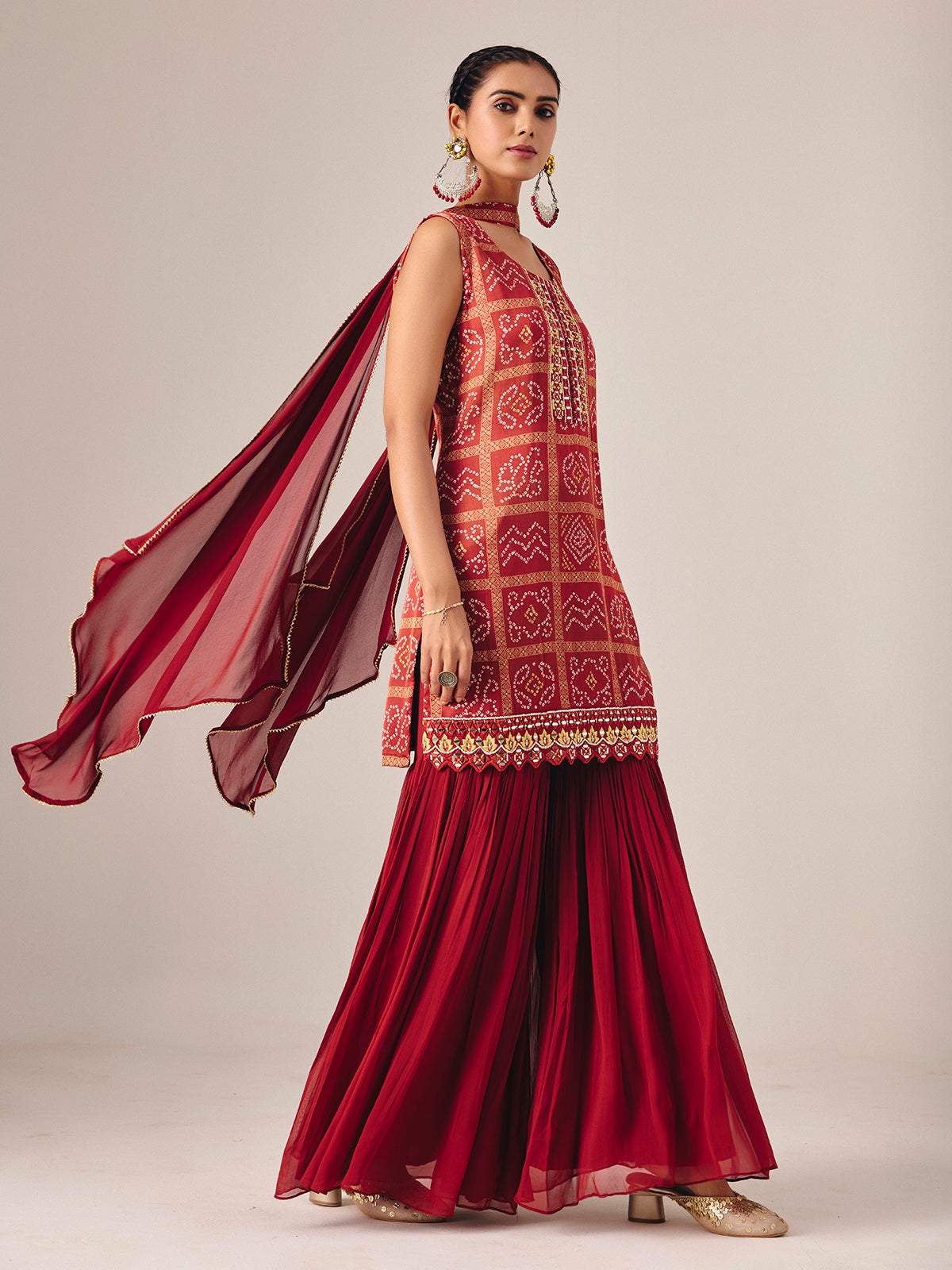 Maroon bandhej printed sharara suit with dupatta