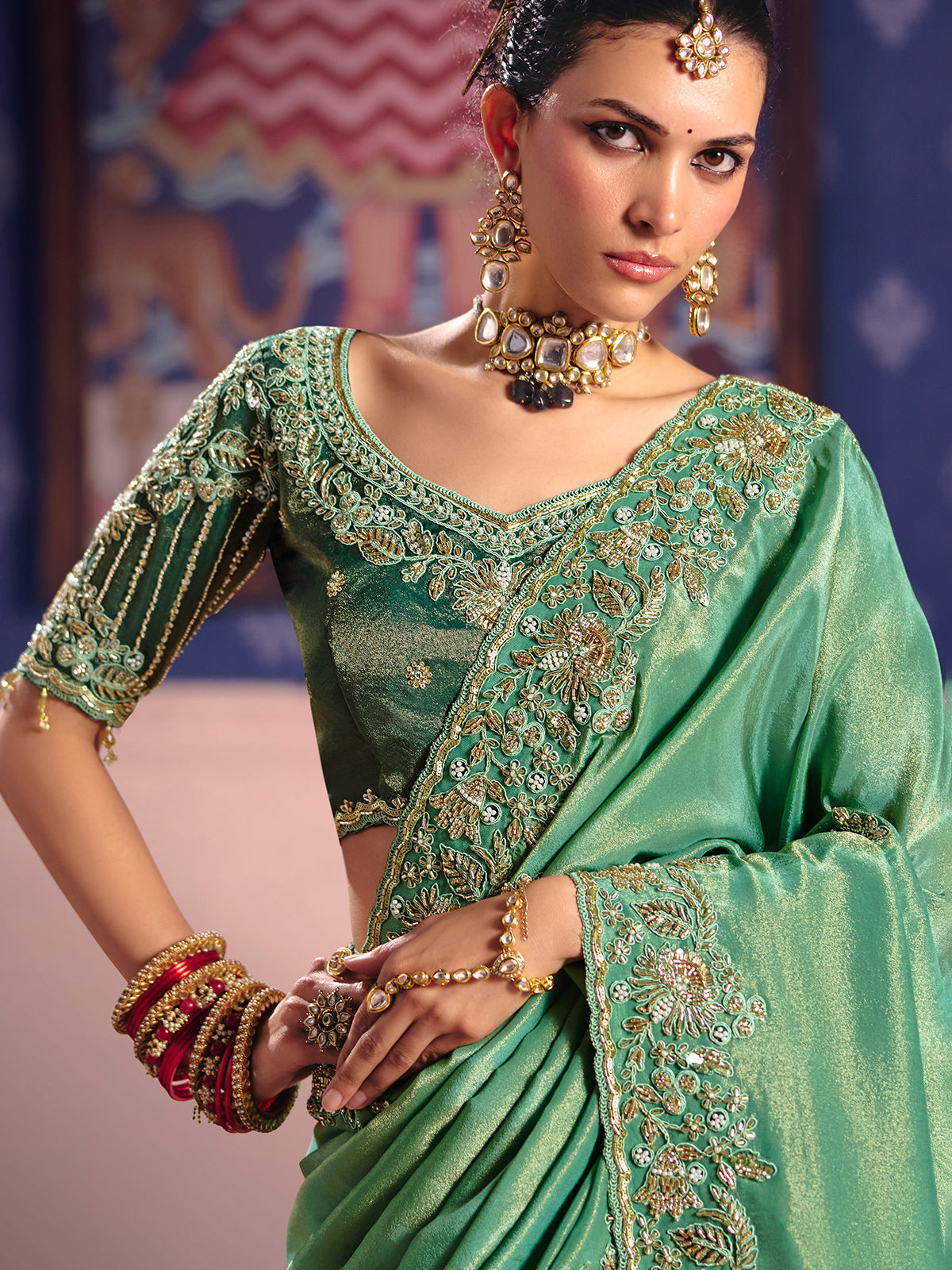 Pastel green viscose zari tissue saree with embellished border