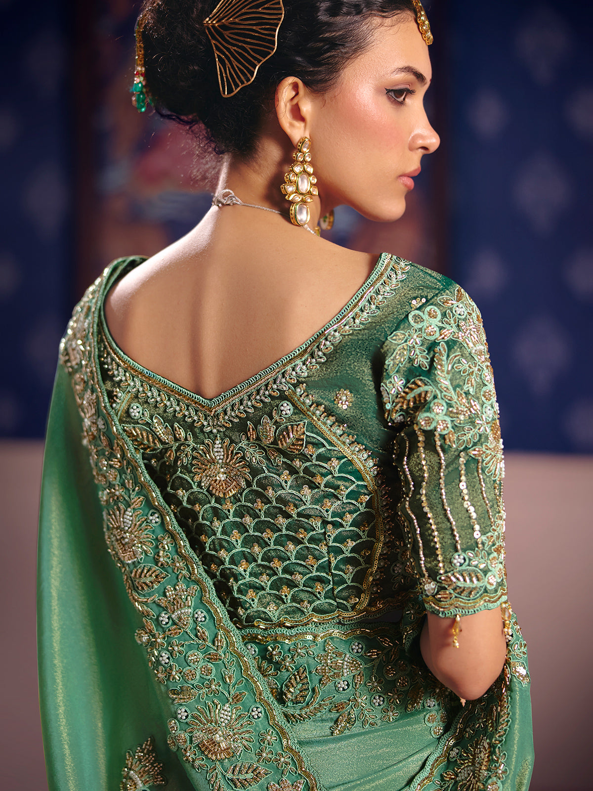 Pastel green viscose zari tissue saree with embellished border