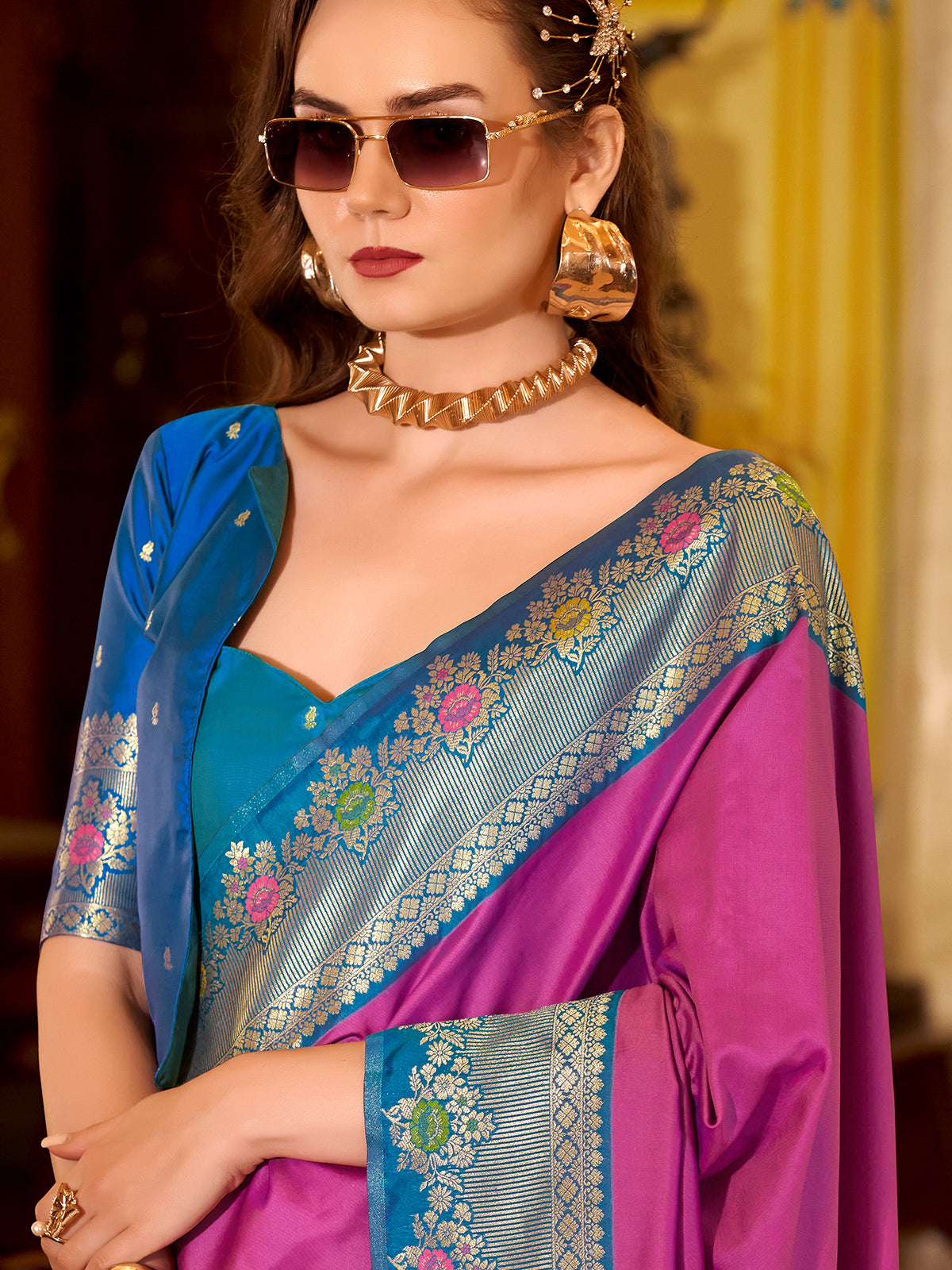 Rani pink soft silk contrast zari festive saree