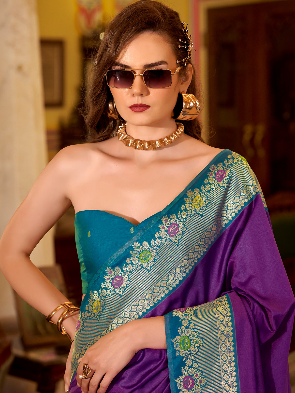 Purple soft silk contrast zari occasion saree