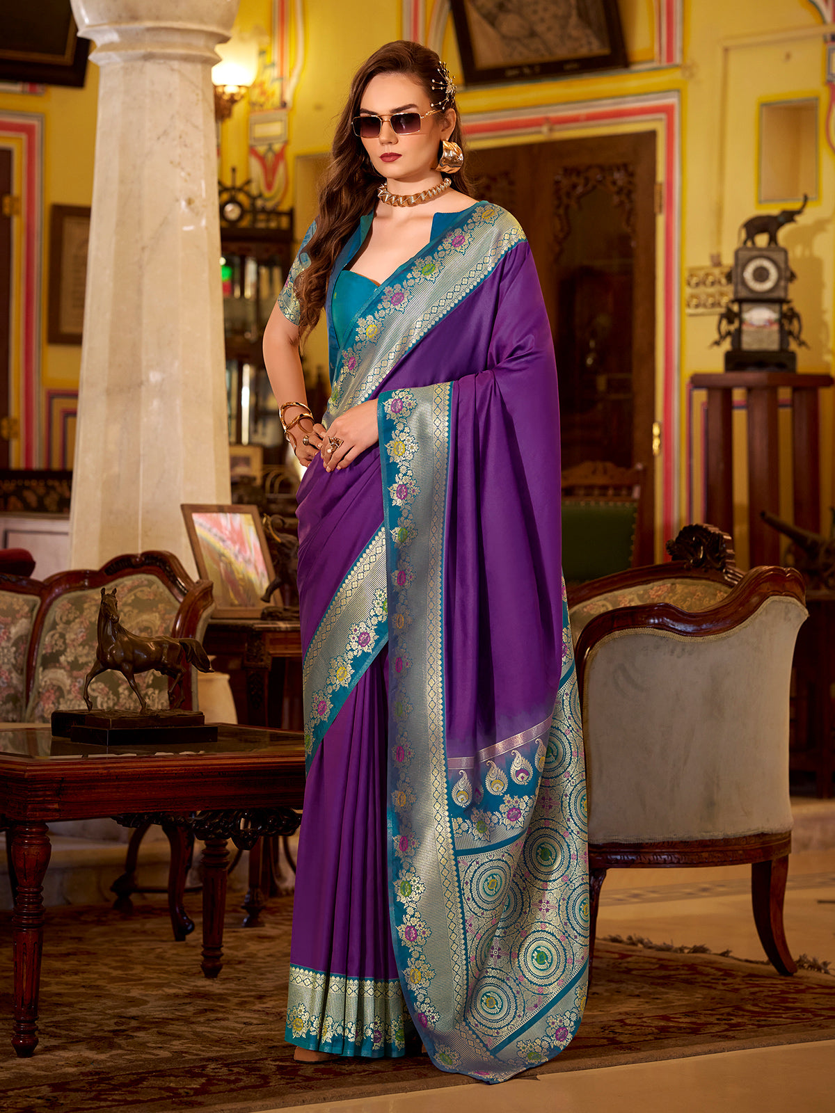 Purple soft silk contrast zari occasion saree