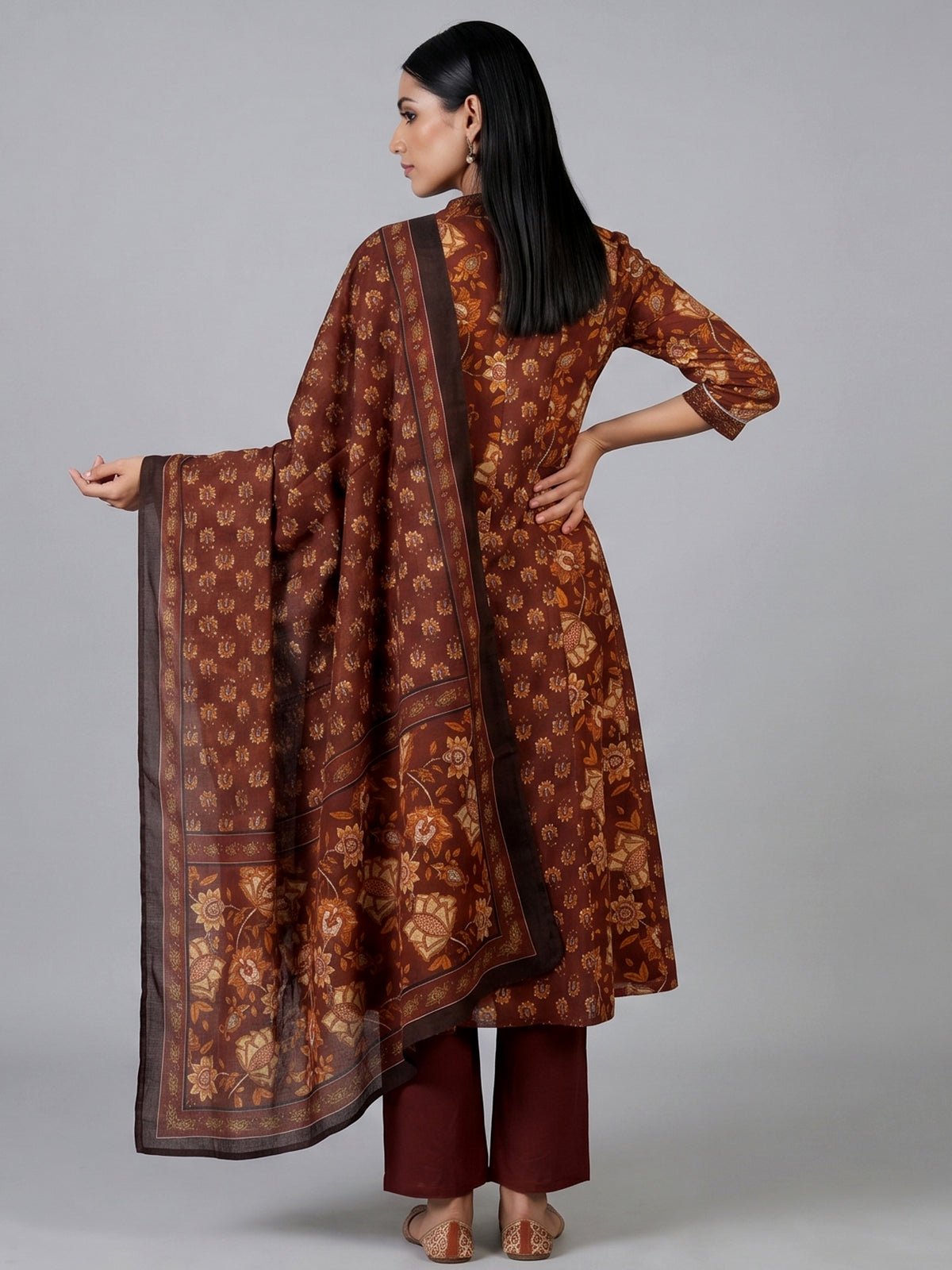 Brown cotton kurti set with floral printed charm
