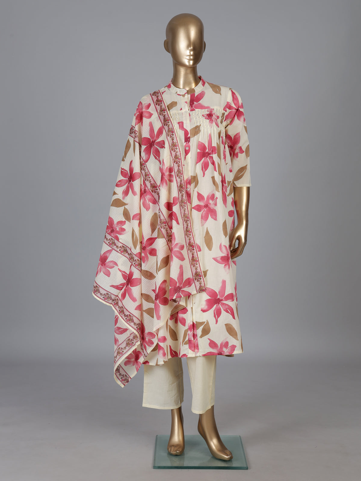 Off white cotton kurti set with pink floral print