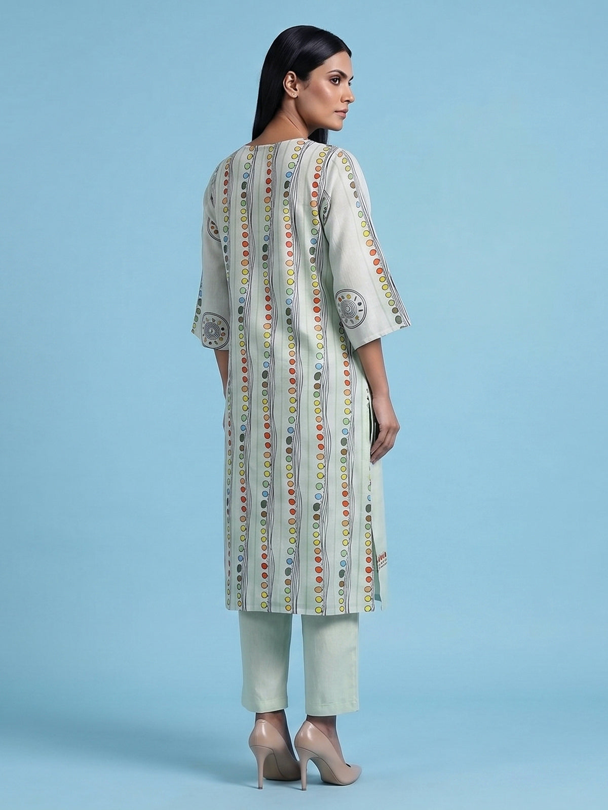 Mint green cotton kurti set with sequin accents