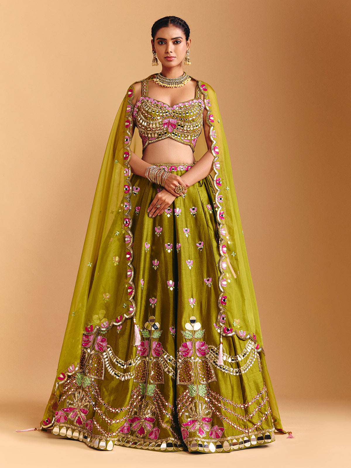 Mehendi olive raw silk lehenga choli with mirror detailing