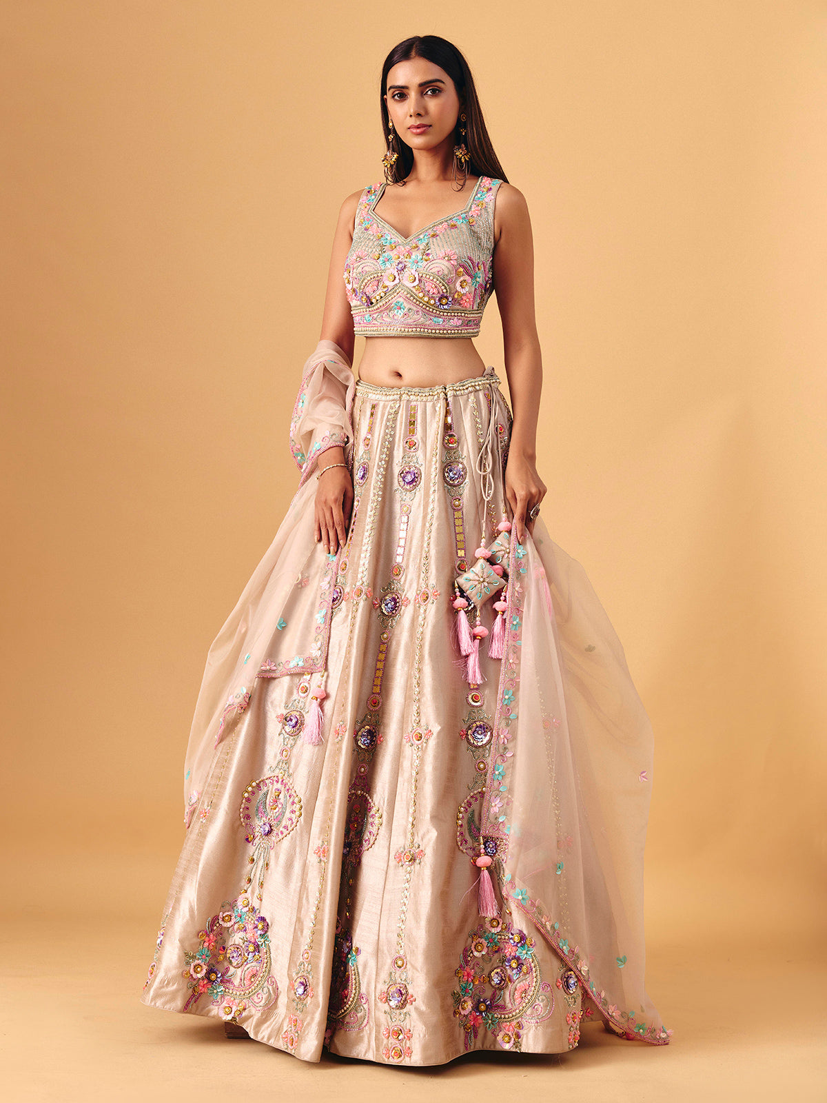 Beige silk lehenga choli with pearls and sequin elegance