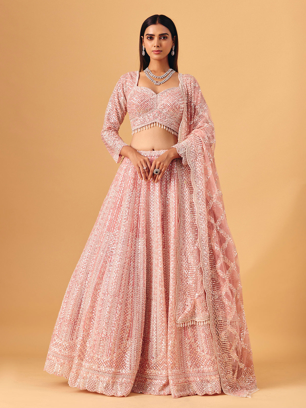Light pink net lehenga choli with diamond shimmer detailing