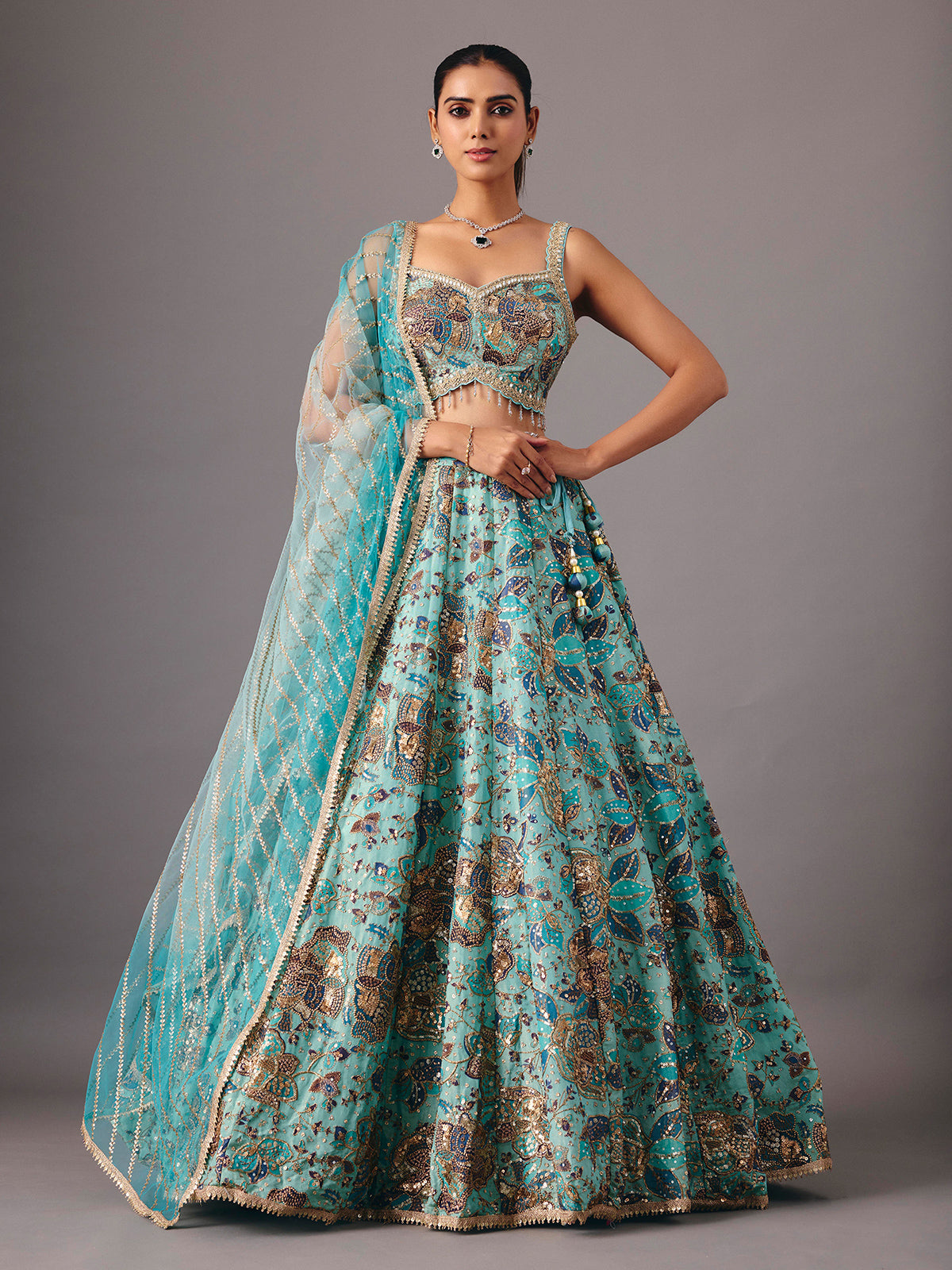 Sky blue georgette silk lehenga choli with sequin detailing