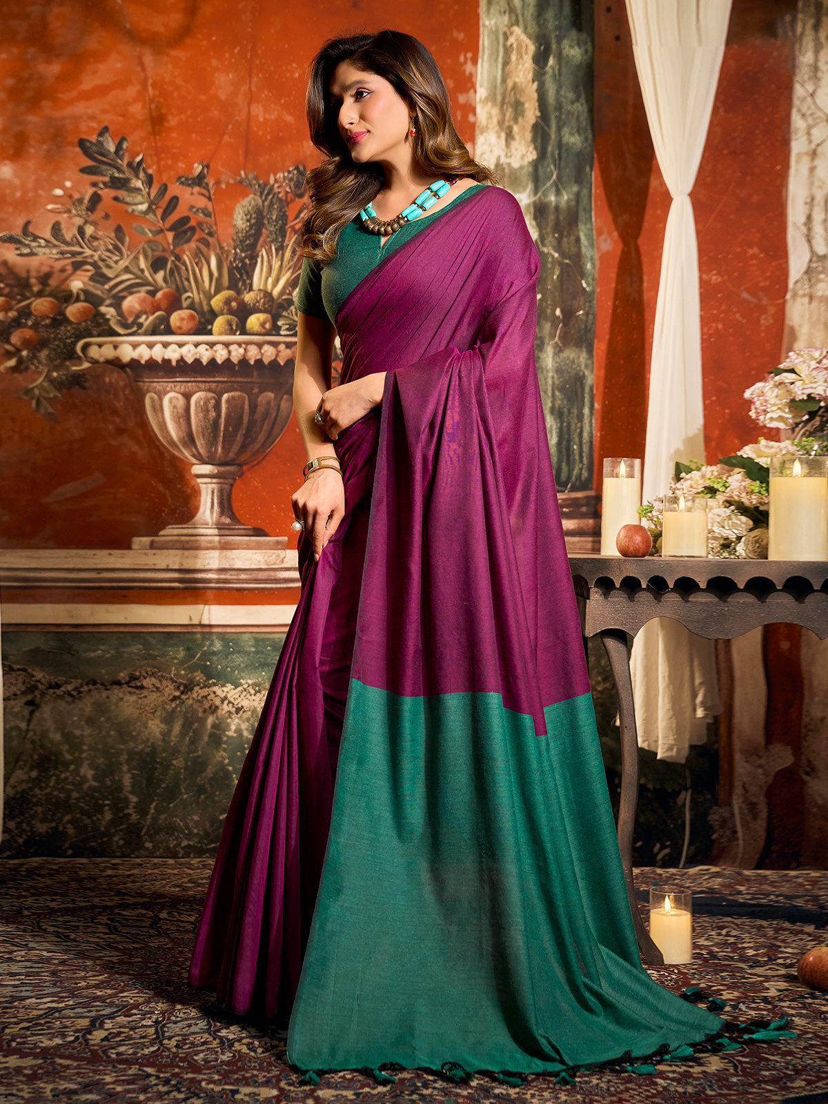 Purple cotton saree with contrast pallu tassel elegance